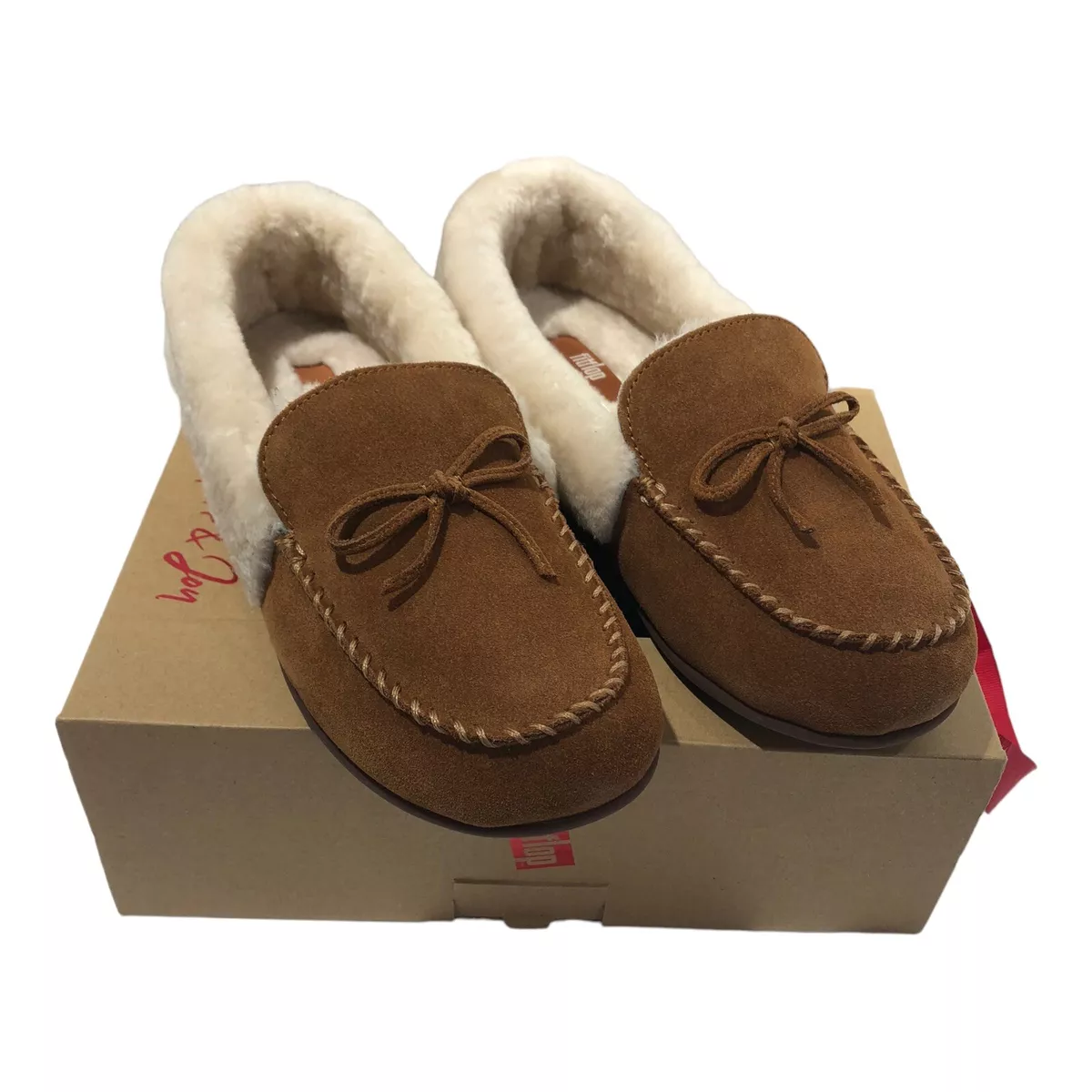 FitFlop Womens Size 5M Slippers Tan Clara Shearling Suede Moccasin House Shoes