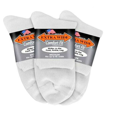 Extra Wide Socks Quarter Ankle Sock, Size Med 8-11.5, WHITE 3-Pack