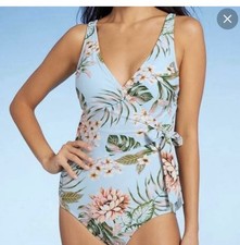 Kona Sol Wrap-Front High Coverage One Piece Swimsuit Women L Tropical Print NWT