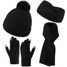 4 Pcs Winter Beanie Hat Scarf Gloves Headband Set Pom Pom Hat for Women Black