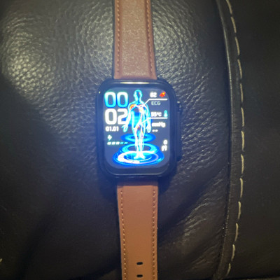Deep Fit Smart Watch ECG 41mm Black Case Brown Leather Band Android iOS