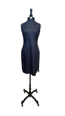 DESIGNER - Shanghai Tang - Denim Blue Sparkle Embroidered Cheongsam Dress - 6