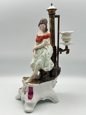 Antique Victorian Porcelain Lady Figural Candle Holder Brass Column 19th Century
