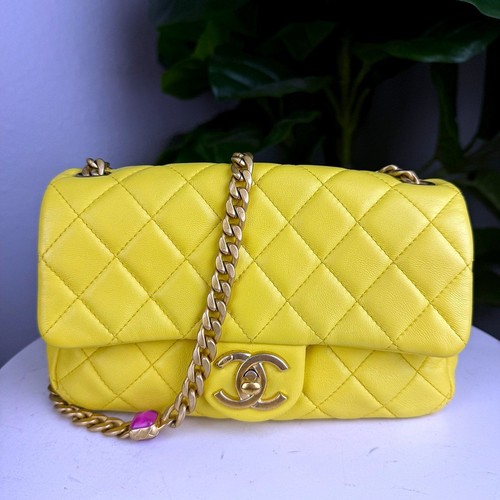 Authentic Chanel Yellow Quilted Lambskin Mini Rectangular Flap Bag Gold Hardware