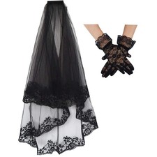 Black Lace Wedding Veil with Comb and Gloves for Bride Wedding Veils for Sale