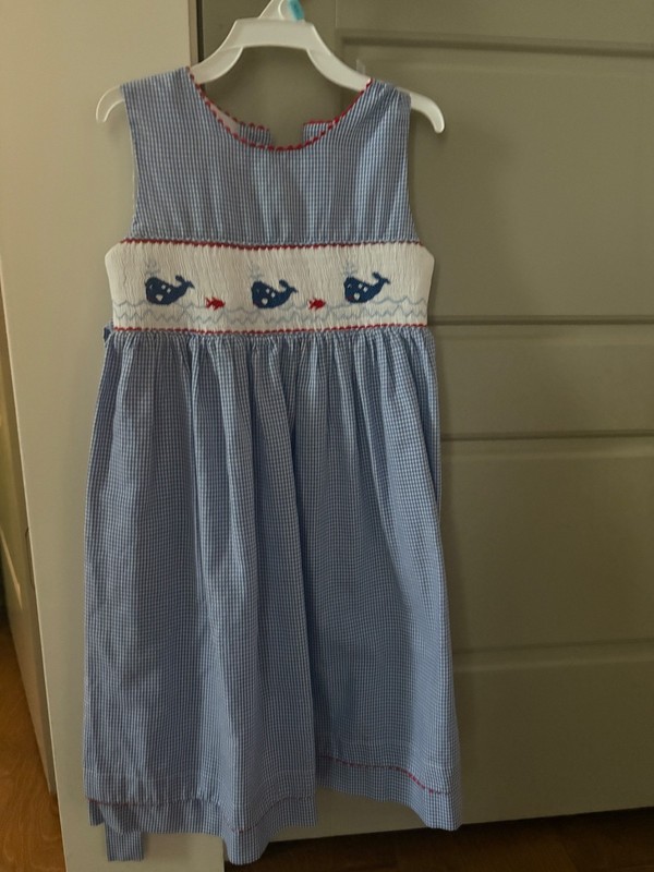 little girls smocked dress red white and blue with whales, size 6