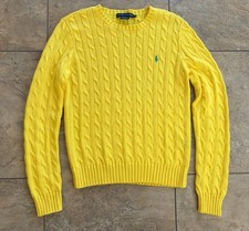 Ralph Lauren Yellow Cable Knit Cotton Sweater Womens Medium Teal Pony Logo