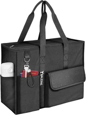 Large Utility Tote Bag with Reinforced Bottom, Multi Pockets Foldable Tote Bag