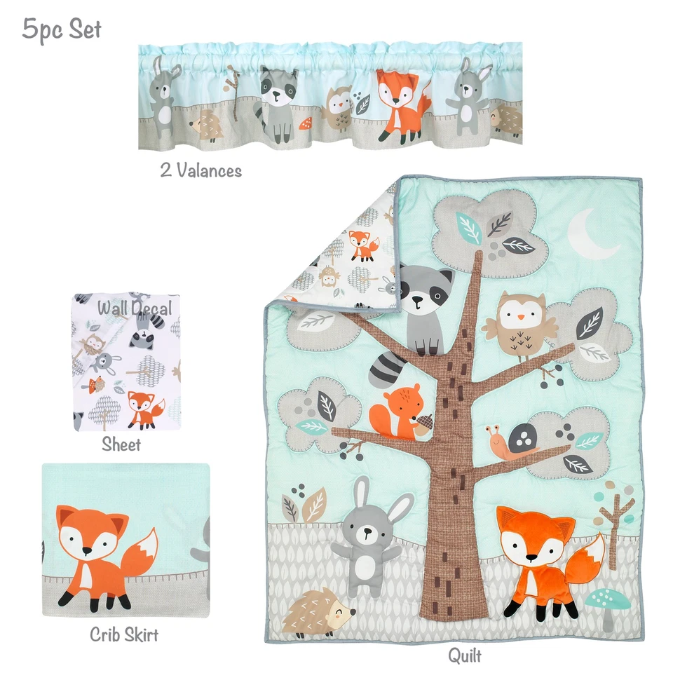 Juego de cama de cuna de 5 piezas Bedtime Originals Woodland Friends Animals como nuevo/gris Foto 2 de 4