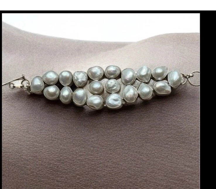Heavy Vintage Sterling Silver White Baroque Pearl Triple Strand Bracelet - Image 4 of 4