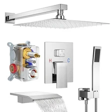 （HM5) Shower System with Tub Spout, 12” Rain & Handheld Shower Set, Chrome