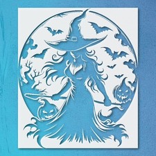 Witch with Hat Amidst Bats and Pumpkins Home Decor Stencil - StencilAir