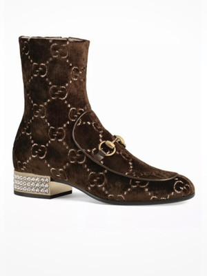 GUCCI Brown GG Velvet Mister Ankle Boots With Crystal Heels Size 38/ US 8