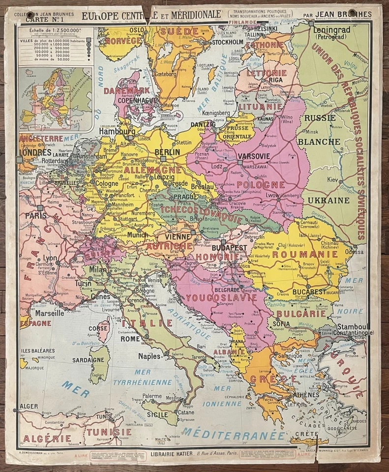 ✶RARE✶ Ancienne carte scolaire Hatier Brunhes 1, 1930 - Europe centrale et sud - Photo 1/4