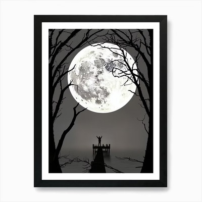 Vollmondnacht mit Silhouette auf gerahmtem Wandbild Poster Leinwanddruck Bild