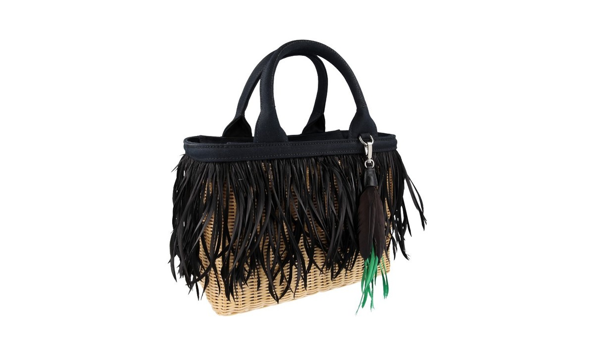 PRADA MIDOLLINO WICKER FEATHER HAND BAG 1BG835 BEIGE BLACK NEW
