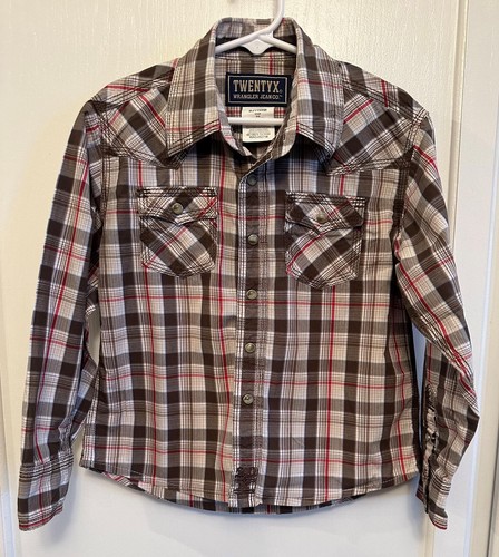 WRANGLER Twenty X brown plaid pearl snap western shirt~boy's size S~5-6~small~