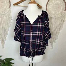 Michael stars blue and burgundy flowy sleeve plaid blouse small