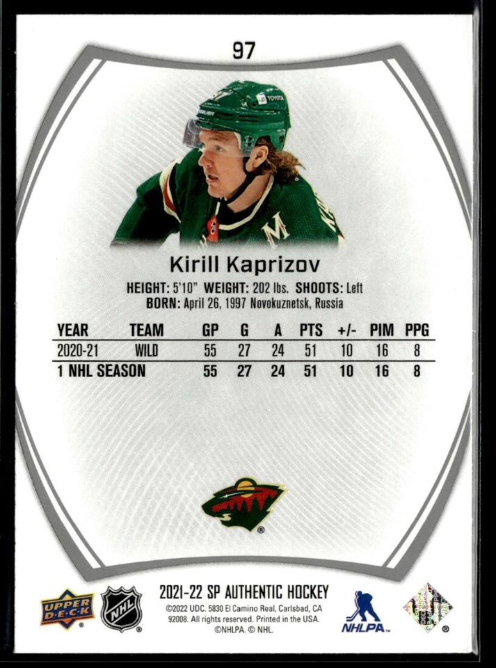 2021-22 Sp Authentic Kirill Kaprizov #97 - Image 2 of 2