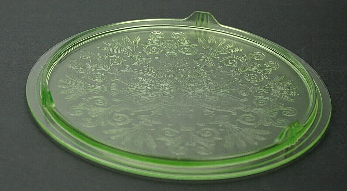 Antique Green Depression Glass Footed Cake Plate Floral Wheat