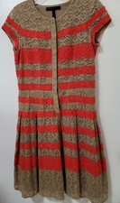 Bcbgmaxazria Shirtdress Womens Size 6 Tan Red Striped Dasen Lace Pleated Skirt 
