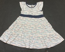 Girls Tea Collection White Printed Twirl Dress w/Navy Trim Size 3 EUC