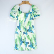 FARM RIO BLUE GREEN MACAW TROPICAL BIRD RAUCHED SMOCKED MINI DRESS LKNEW SZ MED