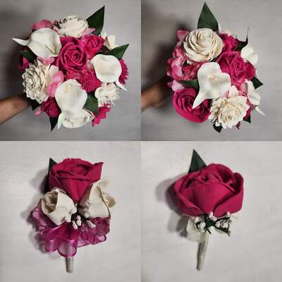 Fuchsia Ivory Rose Calla Lily Bridal Wedding Bouquet Accessories