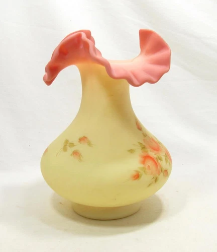 Vintage Fenton 7" Burmese Ruffled Vase Handpainted Roses UV Glows Gloria Finn