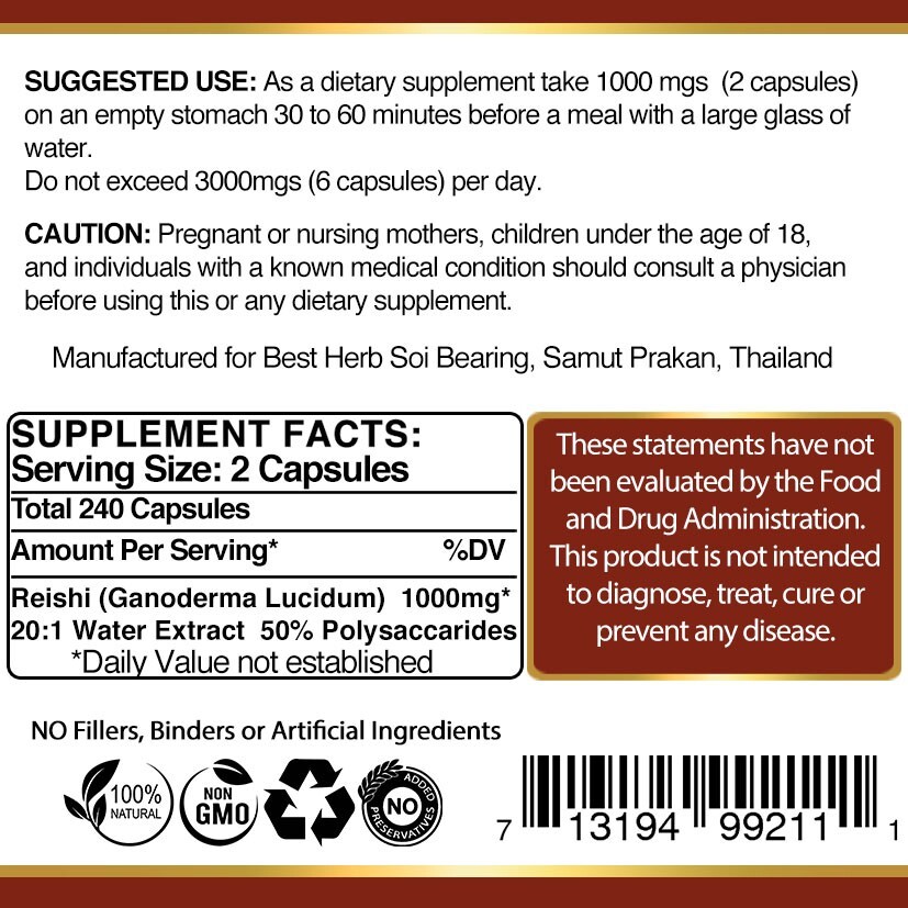 240 Organic Reishi Mushroom Extract Pills 20:1 - Immune Support & Ganoderma Supplement