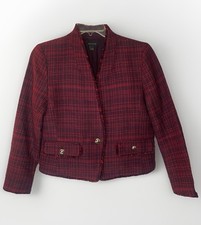 Elegant Ann Taylor Blazer Plaid Fringe Tweed professional Jacket Size 12 Lined