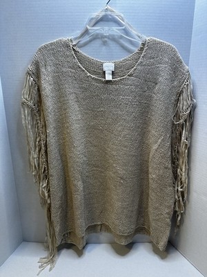Chico s Fringe Sleeve Knit Sweater Top Neutral Beige L/XL