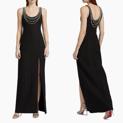 Stunner!  Cinq à Sept April bead layered necklace detail scoop neck Black gown 0