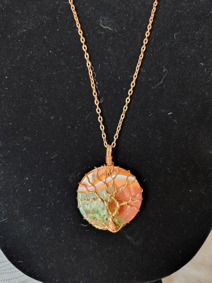 Handmade Tree of Life Wire Wrapped Pendant Necklace Copper Chain Agate Gemstone - Image 3 of 4