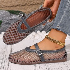 Women Mesh Ballet Flats Round Toe Fishnet Buckle  Ballerina Mary Jane Flats