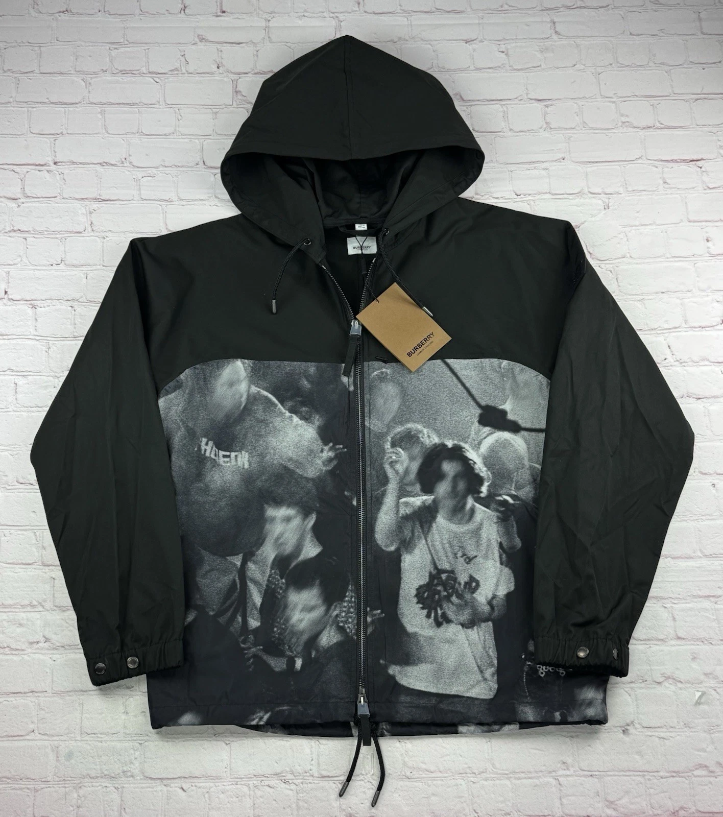 NWT BURBERRY Monochrome Rave Print Nylon Hooded Jacket Size: L Black MSRP $1250 image 1