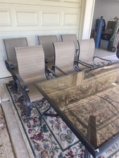 6-Piece Mesh Patio Dining Set with Glass Table, Armrests, Umbrella Hole