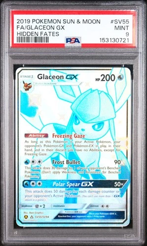 2019 POKEMON SUN & MOON HIDDEN FATES #SV55 FULL ART/GLACEON GX PSA 9