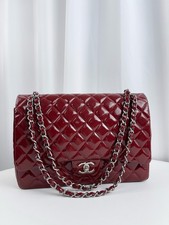 AUTH Chanel Burgundy Patent Leather Quilted Jumbo Flap Crossbody Bag SHW used
