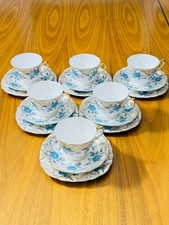 Vintage Marie Bone China Tea Set – 6 Trios (18pcs) – Blue Roses – 1950s England