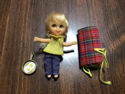 VTG 1965 Mattel Liddle Kiddles Kampy Doll, Outfit, Pan, Sleeping Bag! LOOK!