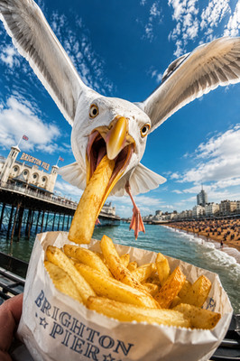Seagull Chip Heist Brighton Pier Beach Poster Print Framed Canvas Wall Art