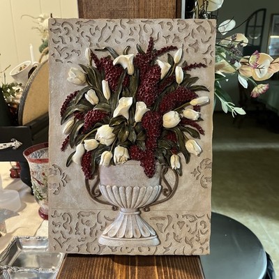 Vtg Floral Carved Plaster 3D Wall Decor Multicolored  perfect for Christmas 