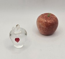 2 Vtg Miniature Apple Figurines ~ 1 Clear Glass w/Heart & 1 Red Marble Stone