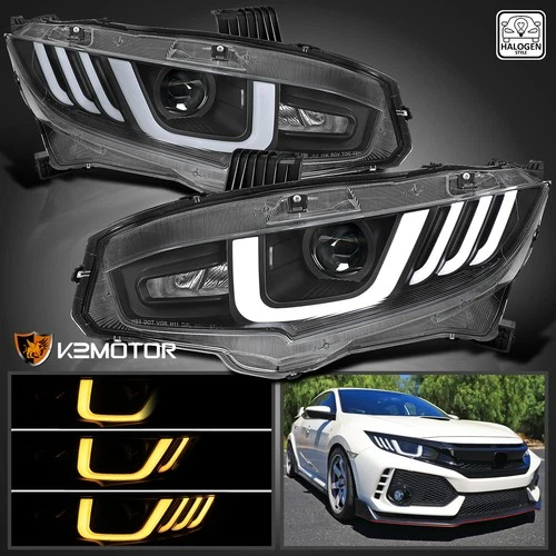 Fits 2016-2021 Honda Civic Black Halogen Projector Headlights Switchback Signal