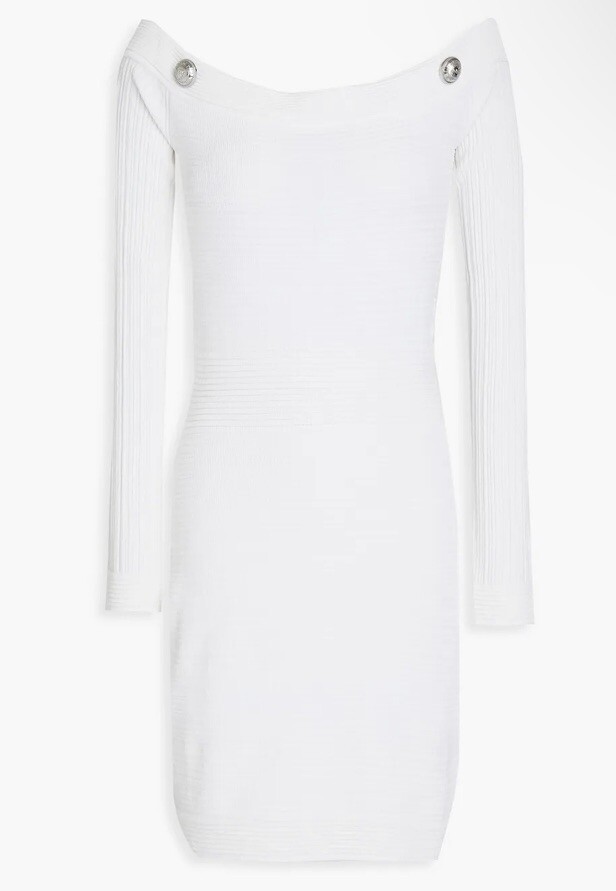 BALMAIN Off-the-shoulder button-embellished ribbed-knit mini dress