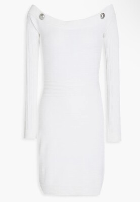 BALMAIN Off-the-shoulder button-embellished ribbed-knit mini dress | eBay