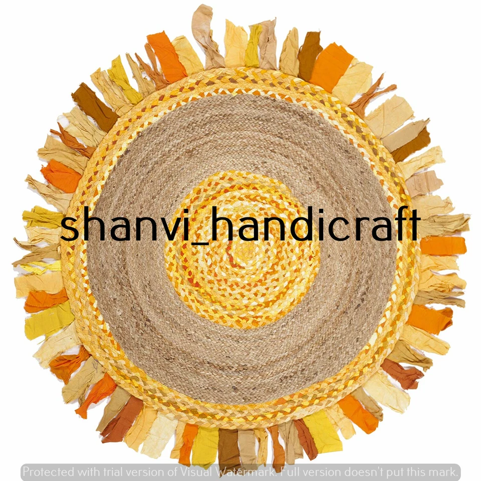 Reversible Round Natural & Multi Colour Jute Cotton Rug Braided Indoor Floor Rug - Image 4 of 4