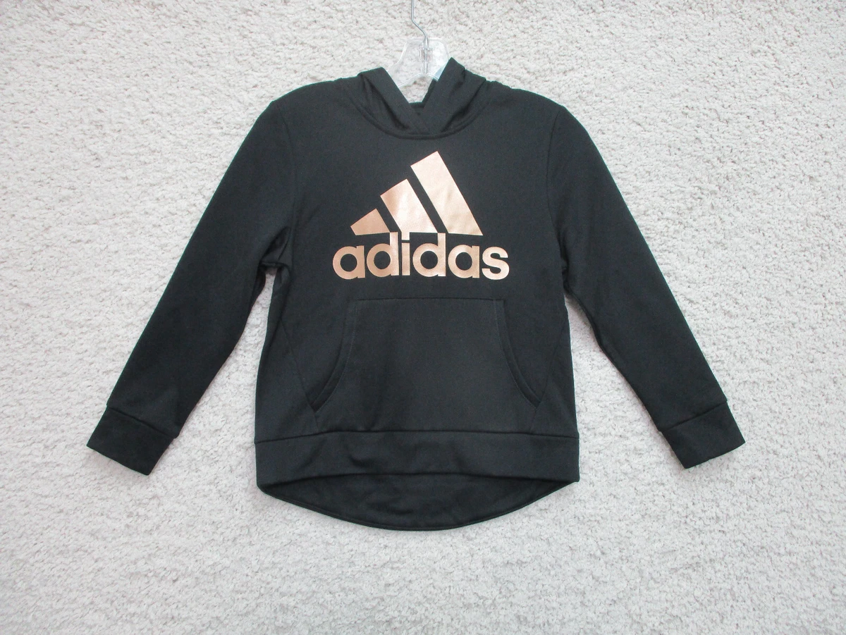 NEW Adidas Sweater Large Youth 14 Black Gold Logo Hoodie Pullover Pockets  Girls | eBay