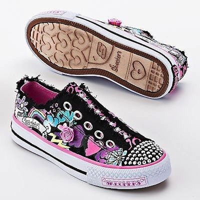 Skechers Pixie Dust Black Pink Flower Shuffles Shoes New Slip on Jeweled  charm
